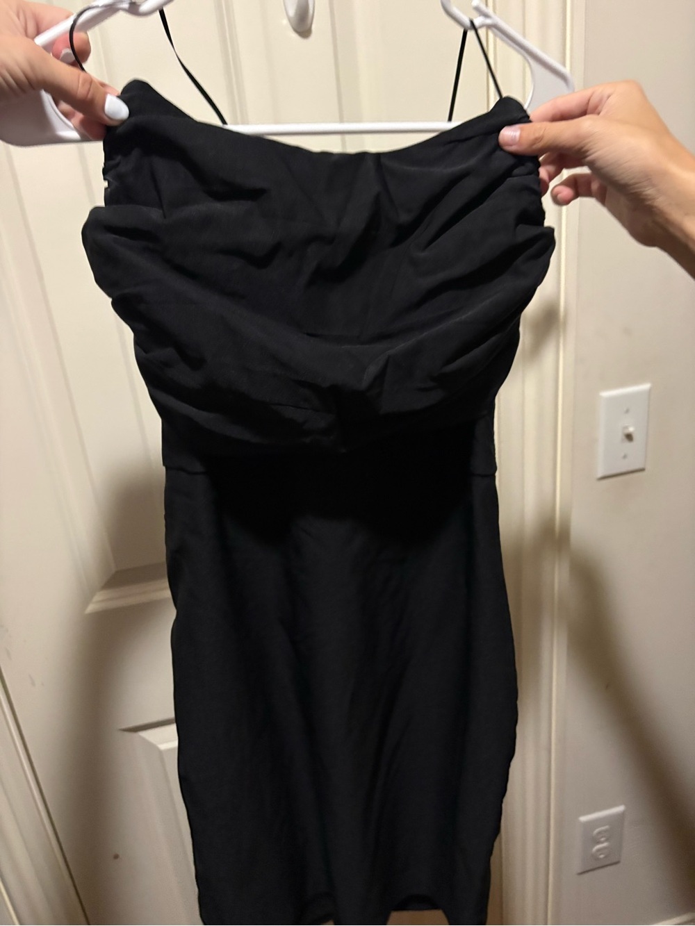 Ruched Black Strapless Mini Dress